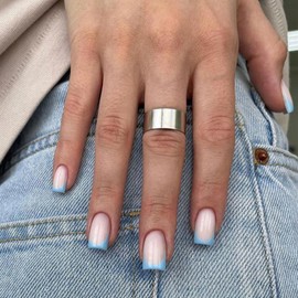 French False Nails - 24pcs Square Short Fake Nails - Blue Grey Elegant Press on Nails French Tip - Glossy Glue on nails - 12 Sizes Full Cover Reusable Acrylic Nail for Women Girls
