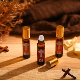 Chuangdi 3 Pcs Small Holy Anointing Oil Roller Bottles 10 ml Glass Holy Oil Containers Empty with Cross and Roller Balls Roll on Bottles for Catholic Christian Church Wedding Baptism Favor(Brown)
