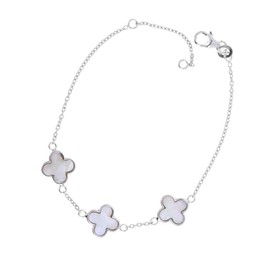 Mayas Gems Sterling Silver Mother of Pearl Clover Charm Bracelet, 10mm, Adjustable 6.5-7.5 inches (Silver)
