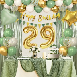 Sage Green 29th Birthday Decorations for Women Girls, Happy 29th Birthday Decorations for Her Green Gold Balloons Table Runner Happy Birthday Banner Olive Boho Birthday Party Supplies