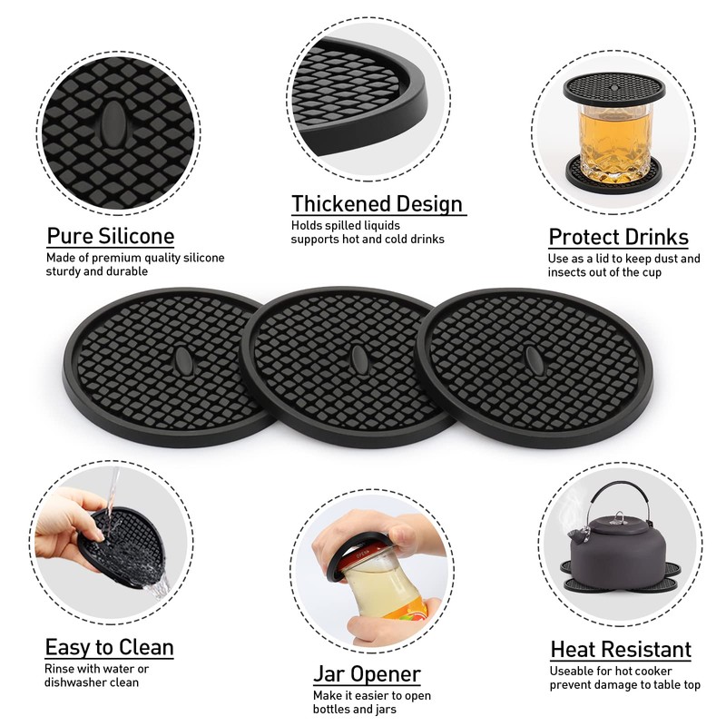 3 Pack Silicone Coasters for Drinks, Thickened Black Coaster with