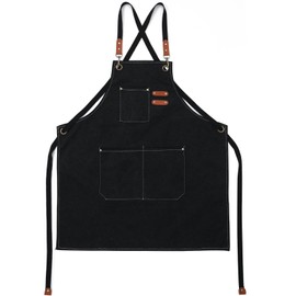 Rattmety Chef Apron for Men Women, Adjustable Canvas Apron with Large Pockets Cross Back Heavy Duty Work Aprons Cooking Chef Apron for BBQ Gardening Baking Painting, Black