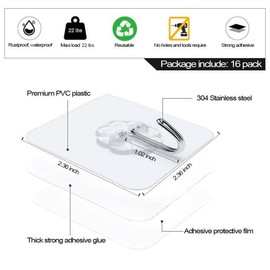 Adhesive Hooks for Hanging, Stainless Steel 16 Pack Sticky Wall Hooks 22lb(Max) Removable, Heavy Duty Self Adhesive Hooks Waterproof Oilproof for Bathroom Shower Kitchen Outdoor Towel Keys, Clear