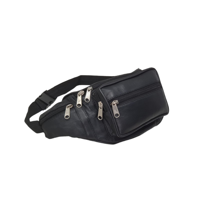 RAS Unisex Black Leather Large Travel Money Pouch Waist Bum