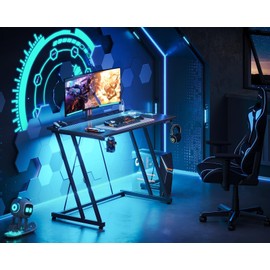 MOTPK 32 Inch Small Gaming Desk with LED Lights & Power Outlet, Computer Desk for Small Space, Gaming Table with Carbon Fiber Texture, Kids Desk Gift for Boys Men, Black