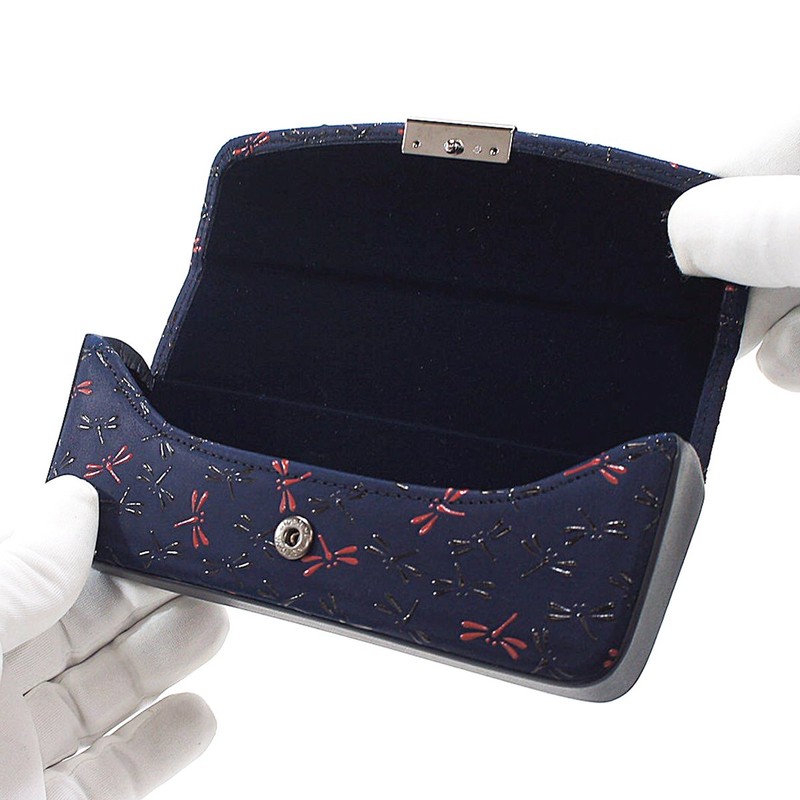 Indenya 7523 Glasses Case, Deer Leather, Nagomi, Dragonfly Pattern, Navy