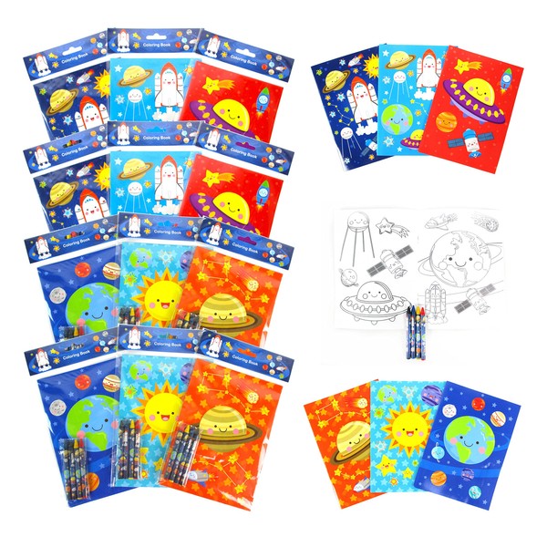 TINYMILLS Outer Space Coloring Book for Kids Party Favor Set with 12 Coloring Books and 48 Crayons Space Astronaut Rocket Birthday Party Supplies Outer Space Party Favor Bag Fillers