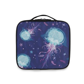 Enthic Tribal Boho Turquoise Jellyfish on Purple Marine Ocean Large Women Makeup Bag, Train Toiletry Storage Case, Portable Coin Purse Holder Zipper Pouch Travel Cosmetic Organizer for Women and Girls