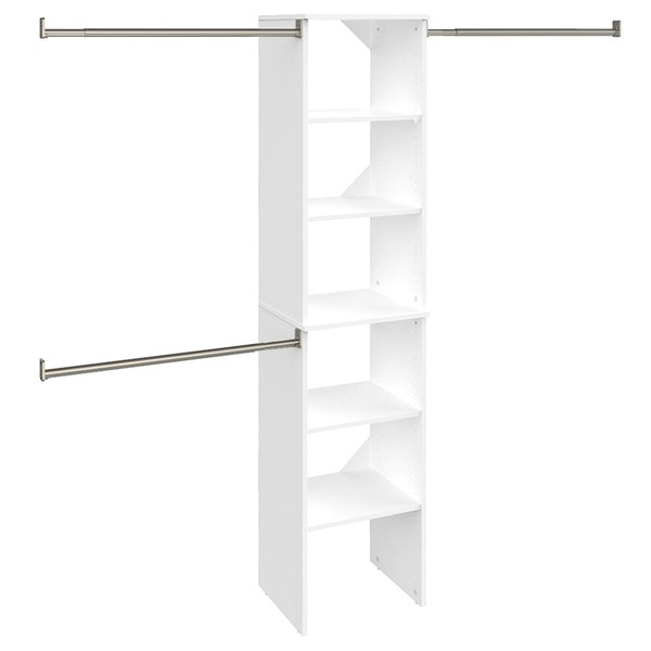 ClosetMaid SuiteSymphony Wood Closet Organizer Starter Kit with Tower and 3 Hang Rods, Shelves, Adjustable, Fits Spaces 4 – 9 ft. Wide, Pure White, 16"