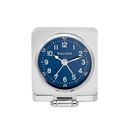 Bulova Travel Hack Alarm Clock B1882 | Vintage-Inspired Flip Cover Design with Blue Dial | Quartz Movement | Battery Included | Compact Travel Clock with Gift Pouch