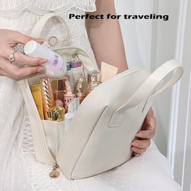 Bolsa de Maquillaje de PU de Primera Calidad, Bolsa de Cosméticos de Viaje de Gran Capacidad, para Hogar Vacaciones Viaje Baño (Blanco)