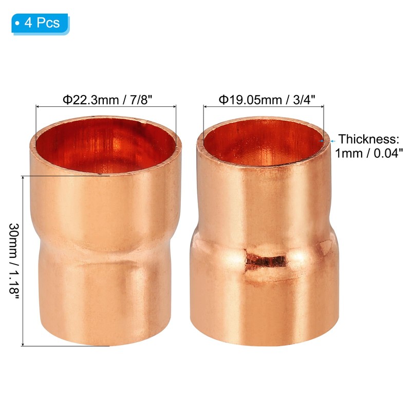 PATIKIL 7/8" to 3/4" ID Copper Reducer, 4pcs 99.9% Pure