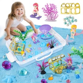 Ocean Sensory Bin Blue Moldable Sensory Sand Kit Sandbox with Lid Colorful Plastic Sea Shell Conch Starfish Gems Toys for Kids,Kids Gifts for Boys and Girls（Blue