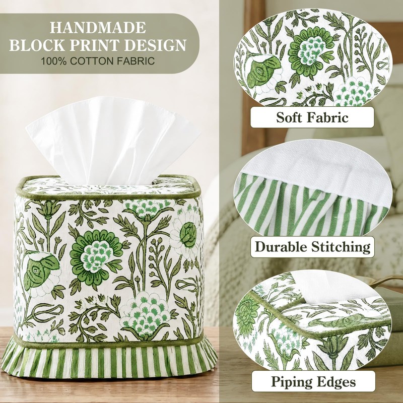 Lounsweer Agate Green Hand Block Printed Cotton Tissue Box Cover