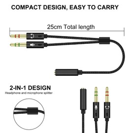 ROHMERIQUE 2 in 1 Headphone Mic Splitter Stereo Jack Cables, 3.5mm Female to Dual 3.5mm Male Audio Splitter, Stereo Sound & Mic Adapter for Gaming Headset, Laptop, PC, Speaker, Home Entertainment