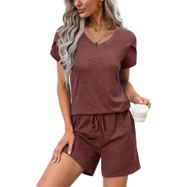 difficort Pajamas for Women Two Piece Lounge Set Petal Short Sleeve Top and Shorts PJ,Maroon,Small
