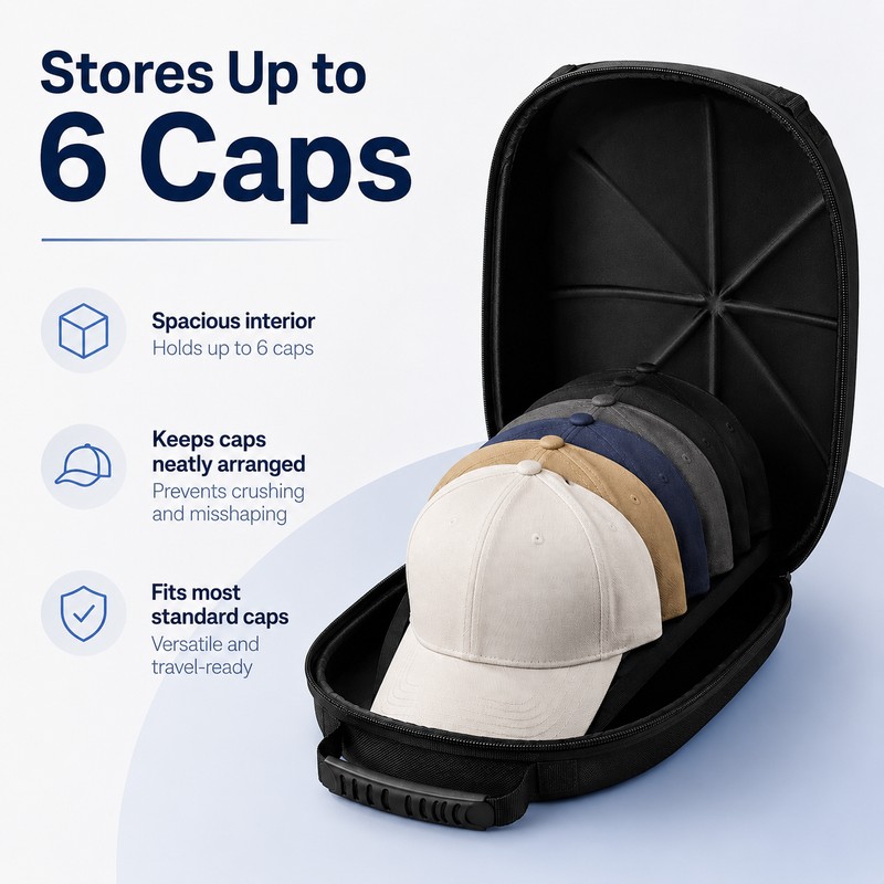 6-Cap Baseball Hat Travel Case with Hard EVA Shell, Portable