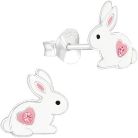 miimago Children's Bunny Earrings with Glitter Crystals 925 Sterling Silver Pink White Girls Stud Earrings Rabbit Jewellery Gift, Sterling Silver