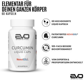 EVO SPORTS FUEL Kurkuma - 60 Kapseln - Hochdosiert - 1000 mg Curcumin pro Tagesportion - aus patentiertem NovaSOL® - 185 x höhere Bioverfügbarkeit - 100% Vegan - geprüfte Qualität - Made in Germany