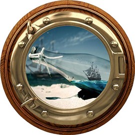 18 inch Port Scape Instant Sea Porthole Window View Pirate Ship in a Bottle 1 Brasswood Ocean Portal Wall Sticker Nautical Removable Fabric Vinyl Wall Art Decor
