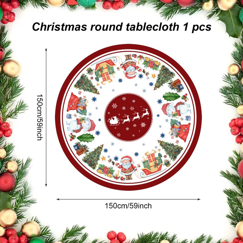 Christmas Round Table Cloths 60in Red Polyester Santa Claus Tablecloth