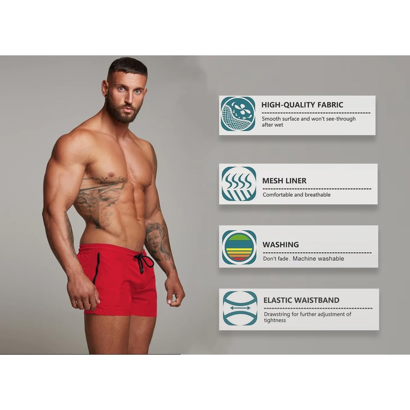Mens Swim Trunks Quick Dry Swimwear Zipper Pockets, Swim Shorts