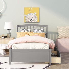 Harper & Bright Designs Twin Bed Frame,Twin Storage Bed with Drawers, Kids Twin Platform Bed with Storage,Wood Twin Bed Frame with Headboard, No Box Spring Needed,Gray