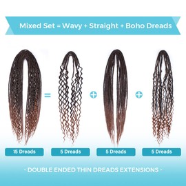 Sangtok Double Ended 3 in 1 Dreadlock Extensions, 24 inch 15pcs Ombre Burgundy Mixed Dreads Extensions Set DE Dreads with Curly Dreadlocks for White Women(1b/30)