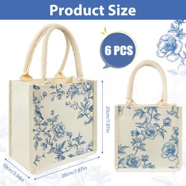 6 Pcs Chinoiserie Burlap Tote Bags Blue White Floral Bird Wedding Tote Bags with Handle Vintage Reusable Jute Gift Bags Bridesmaid for Engagement DIY Shopping Bridal Shower Wedding Bag, 7.9 x 7.9"