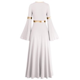 Praise Dance Dresses for Women Metallic V Neck Liturgical Worship Costume Bi Color Bell Long Sleeve Church Robe Lord's Day Praisewear Rogation Days Dancing Outfits # White + Gold 2XL