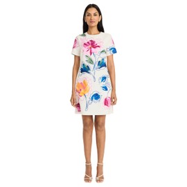 Maggy London Women's Elegant Short Sleeve Shift Pockets-Premium Cotton Poplin Cocktail Wedding Guest Above Knee Summer Dress, Ivory/Pink