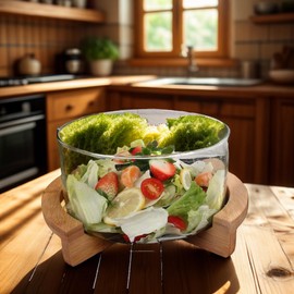 ST-BEST-P Glass Salad Bowl with WoodenBase and Utensils Large Salad Serving Bowl Set for Pasta,Fruit,Mixing Salad,Popcorn,Chip,and Decoration and Decoration (Glass 2, Transparent)