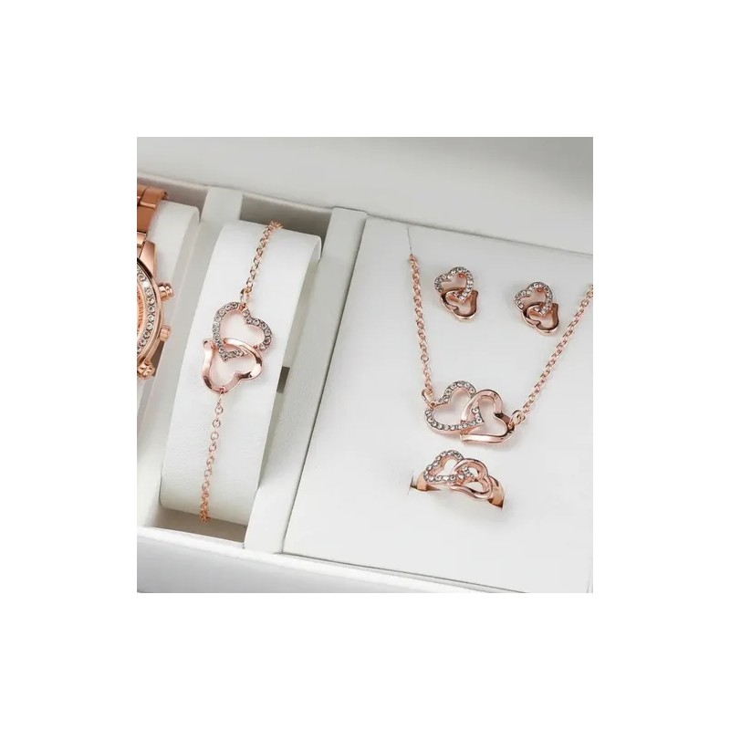Set Regalo Mujer Reloj Collar Anillo Aretes Oro Rosa Rose