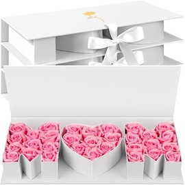 PYQTH 4 Pack Empty Mom Box for Flowers Mothers Day Flower Gift Boxes Thicker Letter Shaped Gift Box Fillable Chocolate Candy Packaging Boxes for Mother's Day Birthday (White)
