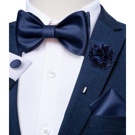 DiBanGu Navy Blue Mens Bow Ties Self Tied Bowtie Set with Pocket Square Lapel Pin Cufflinks Formal Bussiness Bow Tie