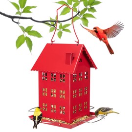 Veehoo Bird House Feeder for Outdoors Hanging, Metal Wild Finch Feeders for Outside, Outdoor Cardinal Birdfeeder Decorative Unique for Mixed Seed, Red