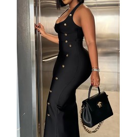 FLORAL PIG Plus Size Button Decor Bodycon Dress, Elegant Sleeveless Dress for Spring & Summer Women's Curvy Clothing Black