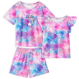 Arshiner Girls Pajamas Set Short Sleeve Pjs Sleepwear 3PCS Summer Lounge Sets Nightwear Purple Tie-Dye 4-5Years