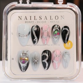 CAMILCY Press on Nails Handmade Nails Luxury Reusable Fake Nails For Girls Short Almond Armor Blue Pink Black Diamonds HandPainted Salon Loveful Design Acrylic GelUV Finished For Women 3DNails 10PCS M