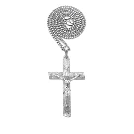 NYFASHION101 INRI Jesus Christ on Textured Cross Pendant with 3mm Cuban Chain Necklace, Silver-Tone, 20"