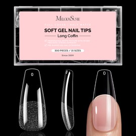 MelodySusie Long Coffin Nail Tips - 300Pcs Clear Acrylic, Half Matte Full Cover Press on Nails for DIY Extension & Salon Use, 15 Sizes Pre-Shaped for Long-Lasting Manicure