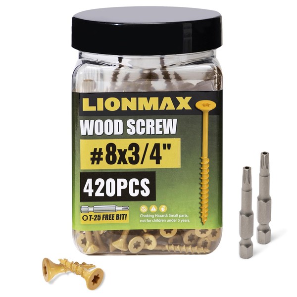 LIONMAX Deck Screws 3/4 Inch, Wood Screws #8 x 3/4", 420 PCS, Rust Resistant, Exterior Epoxy Coated, Outdoor Decking Screws, Torx/Star Drive Head Screw, T25 Star Bit Included, Tan