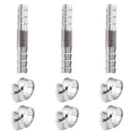 Lyeteung 3 Pieces 8 mm Hose Fitting, Stainless Steel Straight Hose Nozzle, 2-Way Hose Fitting Straight, with 6 Pieces Clamps, for Air, Gas, Water, Fuel