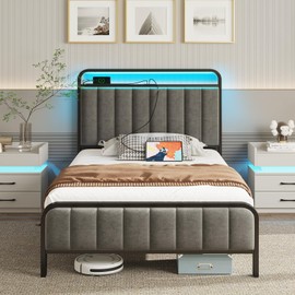 Rolanstar Twin Size Bed Frame with LED Light and Charging Station, Upholstered Headboard and Footboard, Metal Slat, Noise Free, Easy Assembly, Dark Gray