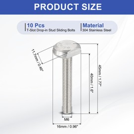 PATIKIL M6 x 40 mm T Slot Bolts, 10 Pcs 304 Stainless Steel Drop-in Bolt T Shape Stud Sliding Screw Metric Thread Hammer Head Bolt for T Track, Silver