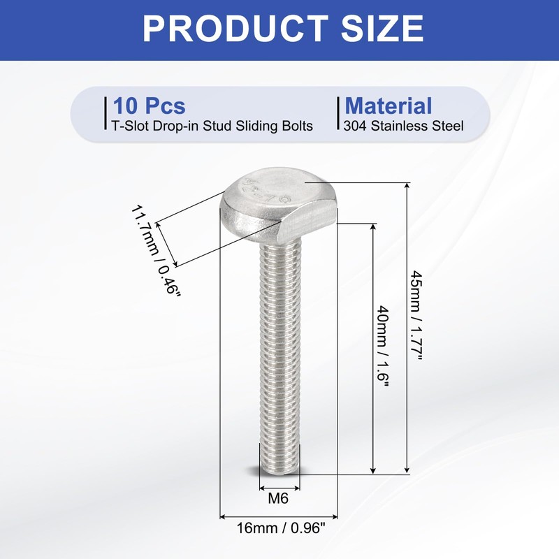PATIKIL M6 x 40 mm T Slot Bolts, 10 Pcs