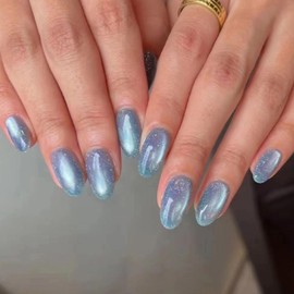 Winter Cat's Eye Press on Nails Square Short - ZWENJIE Blue Glossy Fake Nails with French Design Glue On Nails Tips False Nails Acrylic Nails Press Ons Reusable Artificial Nails for Woman Girl 24 PCS