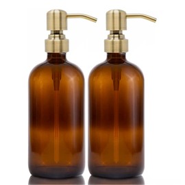 2 Pack Dispensadores de Jabón de Vidrio Ámbar Grueso con Bomba de Acero Inoxidable de Cobre, Dispensador de Botellas Redondas de 16 onzas con Bomba a Prueba de Óxido para Aceite Esencial