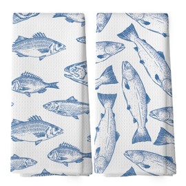 shiviody Coastal Fish Kitchen Towels - Ocran Beach Dish Towels, Blue Nautical Beachy Fish Decorative Absorbent Dishcloths Hand Towels Set of 2 for Kitchen Bathroom Decor 16x24 Inches