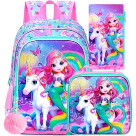 gxtvo 3PCS Mermaid Backpack, 16" Girls Unicorn Bookbag with Lunch Box, Water Resistant Kids Rainbow Elementary School Bag for Preschool Toddler